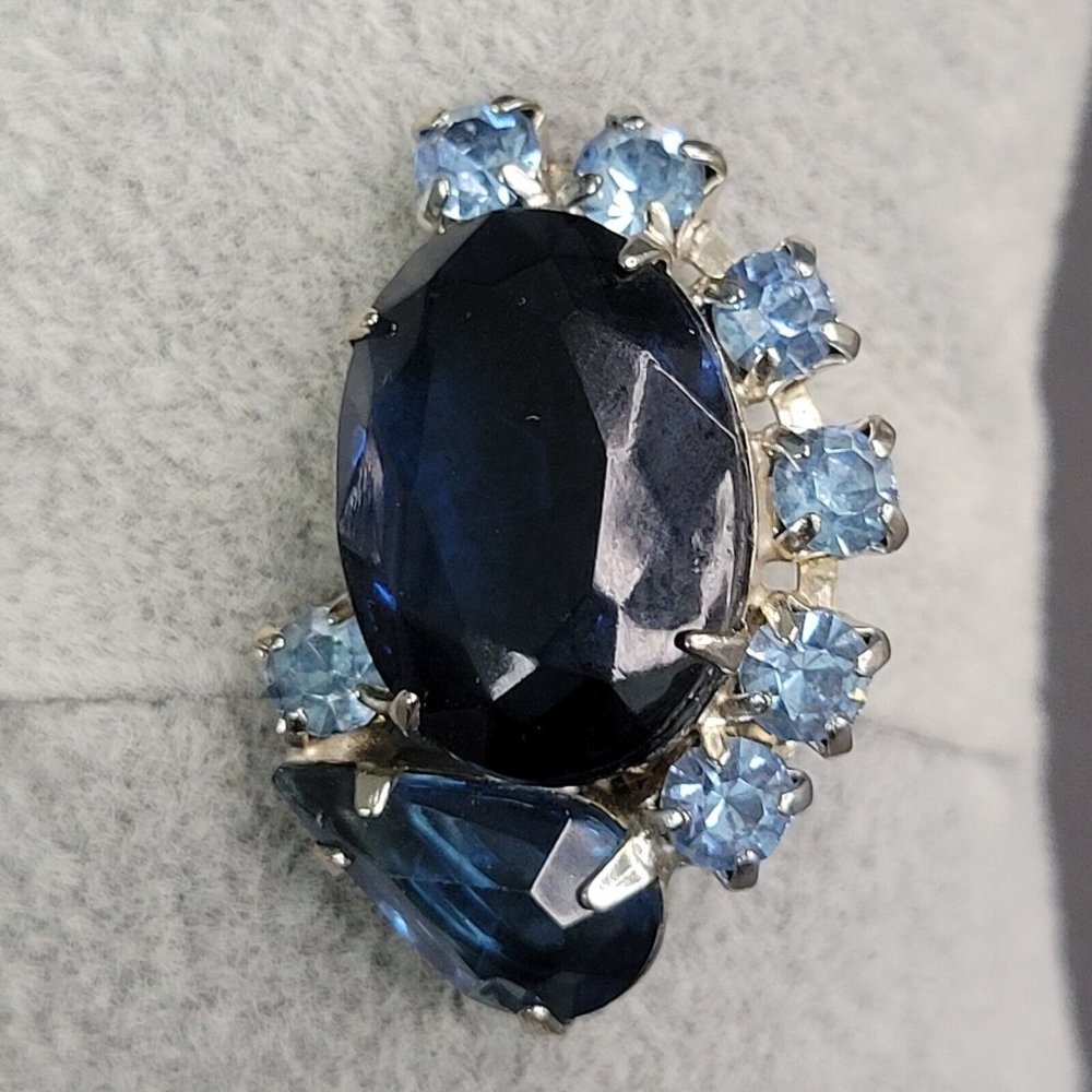 Juliana DE Blue AB Aurora Borealis Rhinestone Cabochon Clip On Earrings Vintage - Picture 5 of 8